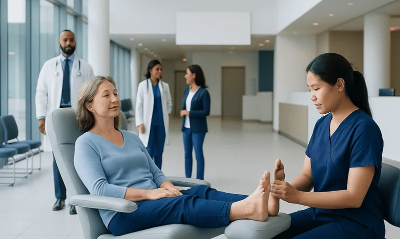 Medical professional performs reflexology on a patient in a hospital setting.