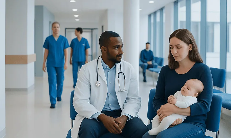 Pediatric consultation at Acibadem Hospital with doctor and mother holding baby.
