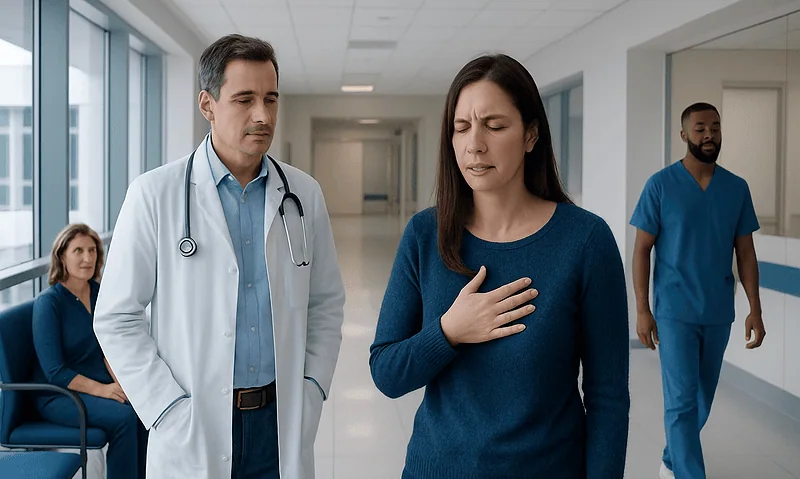 Patient experiencing chest discomfort in hospital corridor with medical staff nearby.