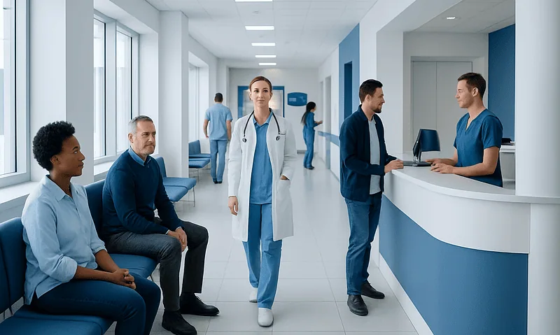 Medical staff and patients in a modern hospital waiting area.