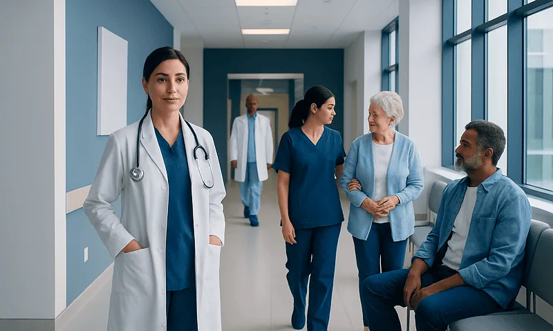 Medical professionals and patients in a hospital corridor.