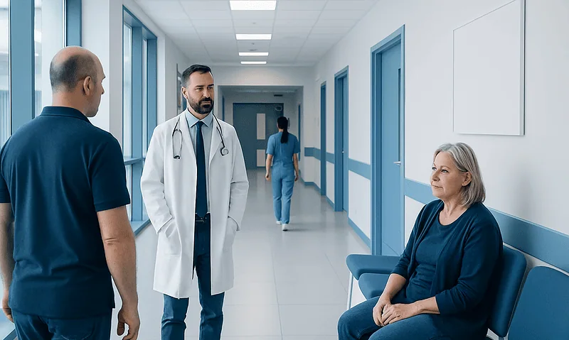 Doctors and patient in hospital corridor at Acibadem Hospitals Group.