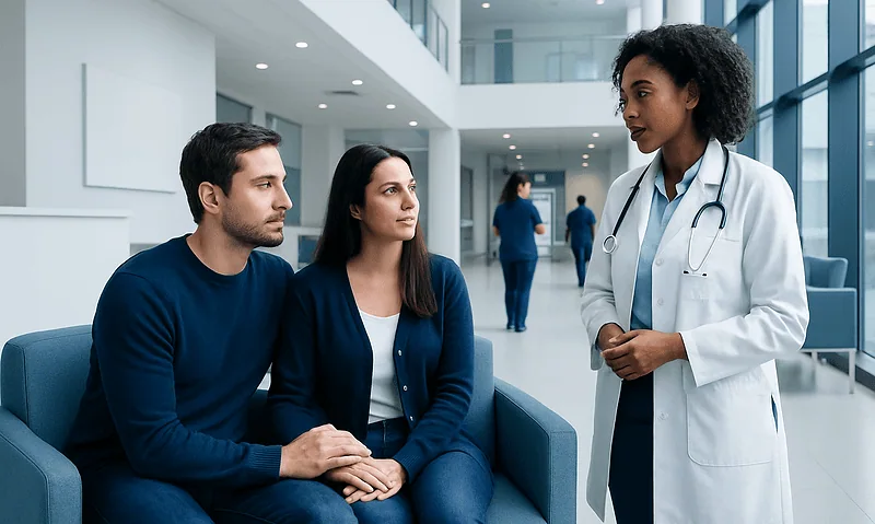 Doctor consulting with a couple in a modern hospital lobby.