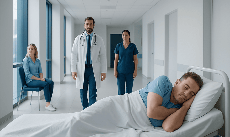 Patient sleeping in hospital bed with medical staff nearby.