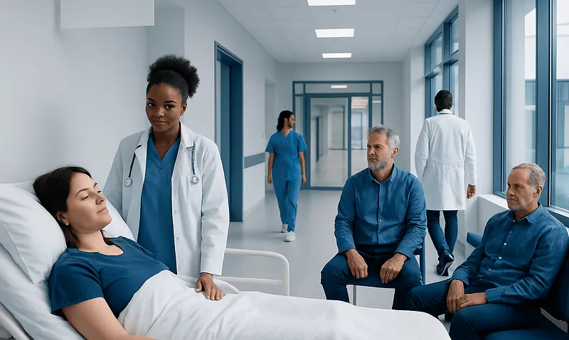 Hospital room with medical staff and patients, emphasizing healthcare services.
