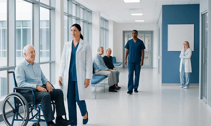 Healthcare professionals and patients in a modern hospital corridor.