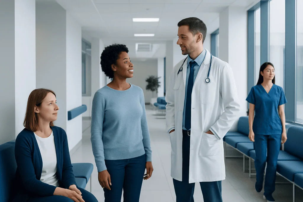 Remission: A Complete Medical Overview 1 Doctor talking to a patient in a hospital corridor with staff in the background.