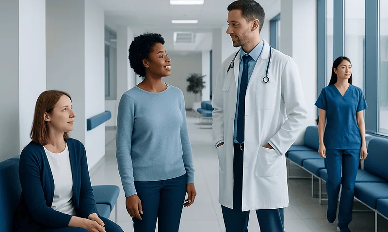 Doctor talking to a patient in a hospital corridor with staff in the background.