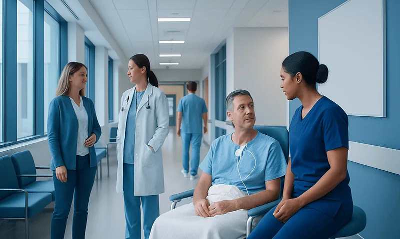 Hospital staff and patient in a modern healthcare corridor.