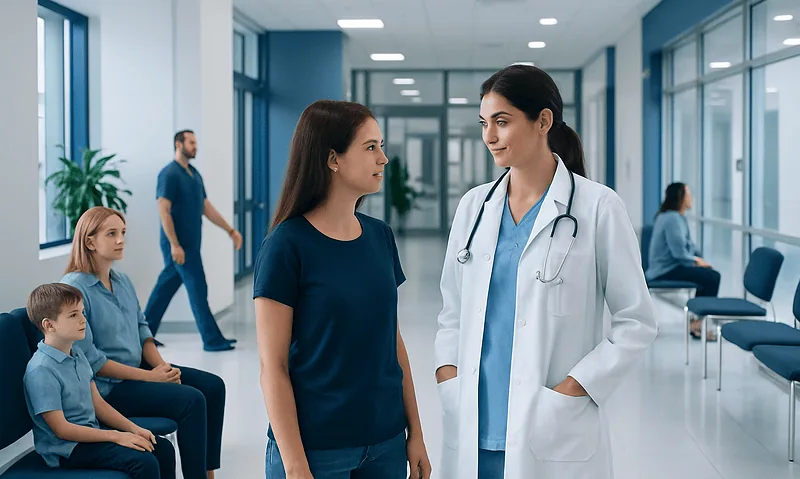 Doctor consulting a patient in a hospital corridor with children waiting nearby.