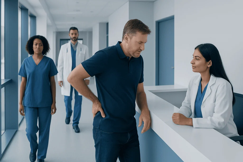 Renal Colic: What Patients Need to Know 1 Patient experiencing back pain in hospital corridor with medical staff nearby.