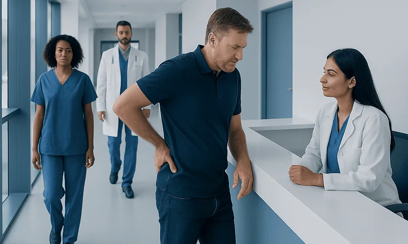 Patient experiencing back pain in hospital corridor with medical staff nearby.
