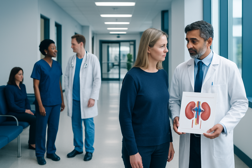 Renal Insufficiency — Explained by Medical Evidence, Not Myths 1 Doctor explaining kidney health to a patient in a hospital corridor.