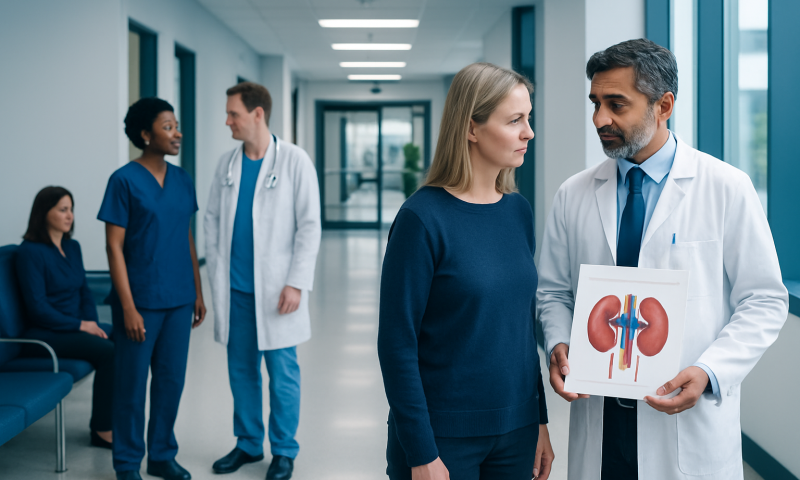 Doctor explaining kidney health to a patient in a hospital corridor.