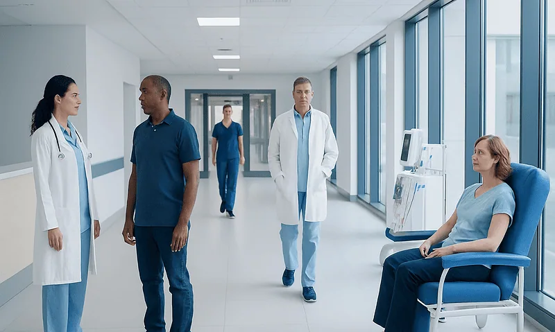 Medical team consulting with patient in hospital corridor.