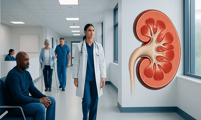 Medical team in hospital corridor with kidney illustration for renal health.