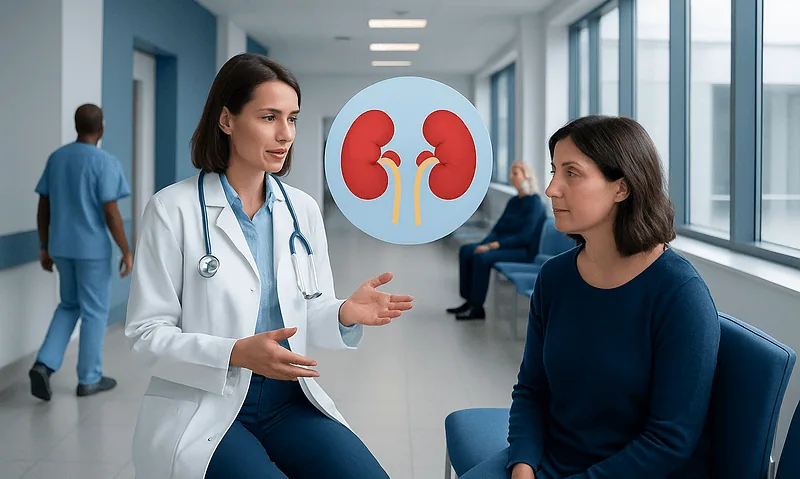 Doctor explaining kidney health to a patient in a hospital corridor.