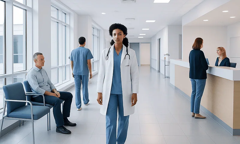 Diverse medical staff in a modern hospital corridor.