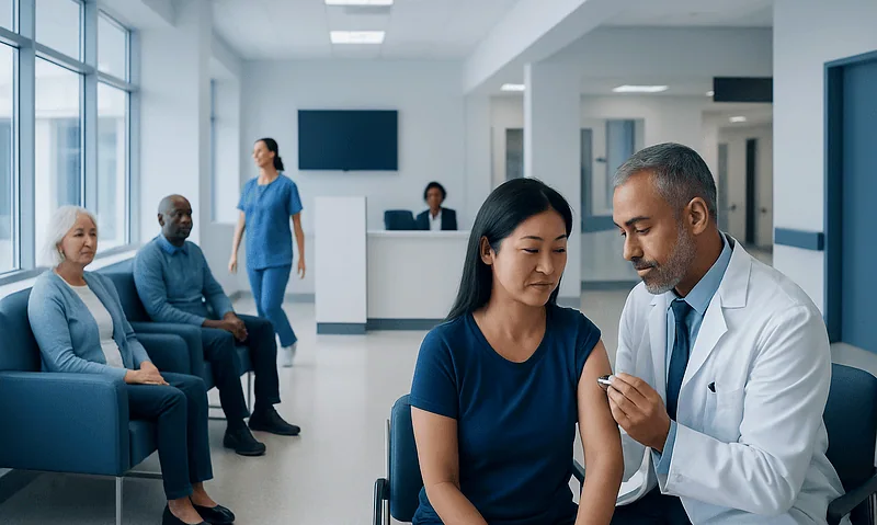 Doctor administering vaccine to a patient in a hospital waiting area.
