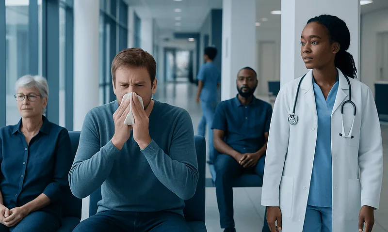 Patient sneezing in a hospital waiting area with medical staff present.