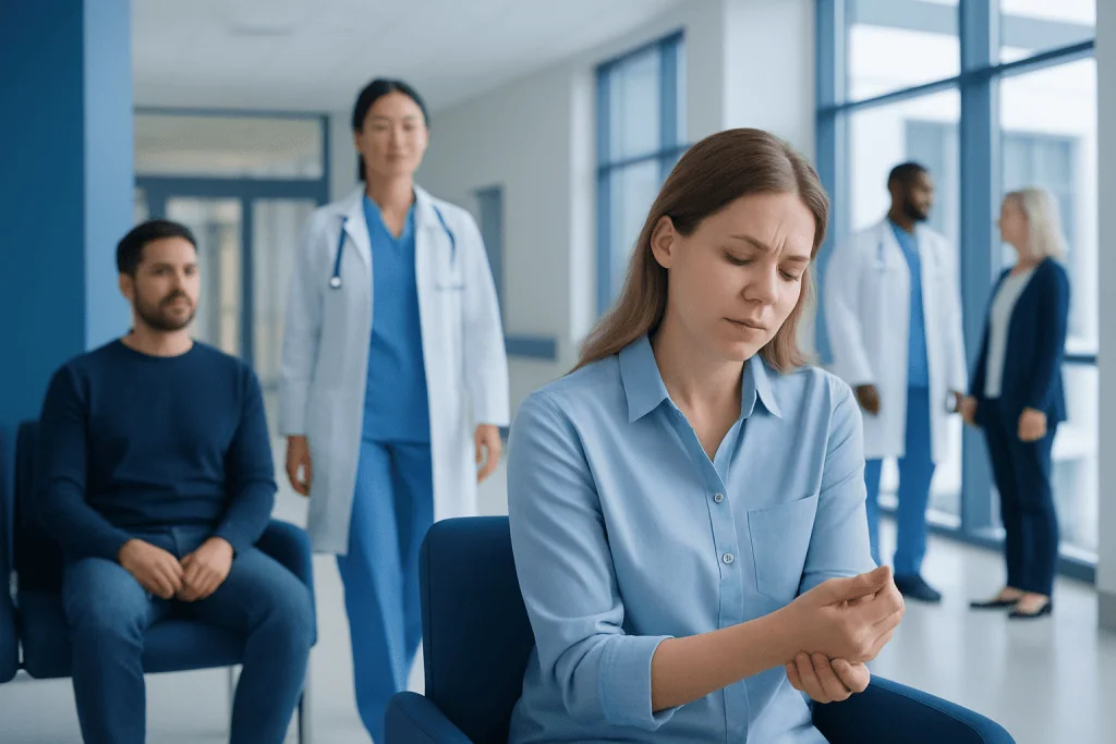 Repetitive Strain Injury: What Patients Need to Know 1 Young woman experiencing wrist pain in a hospital setting with medical staff nearby.