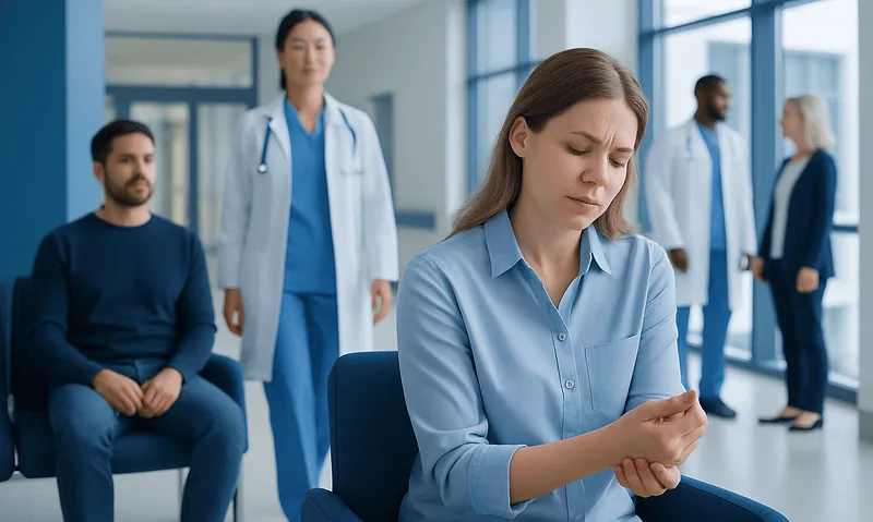 Young woman experiencing wrist pain in a hospital setting with medical staff nearby.