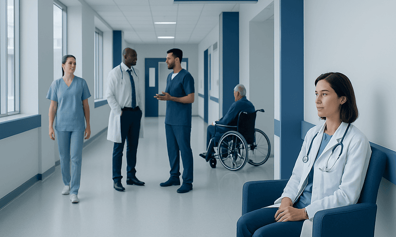 Medical team and patient in hospital corridor at Acibadem Hospitals Group.
