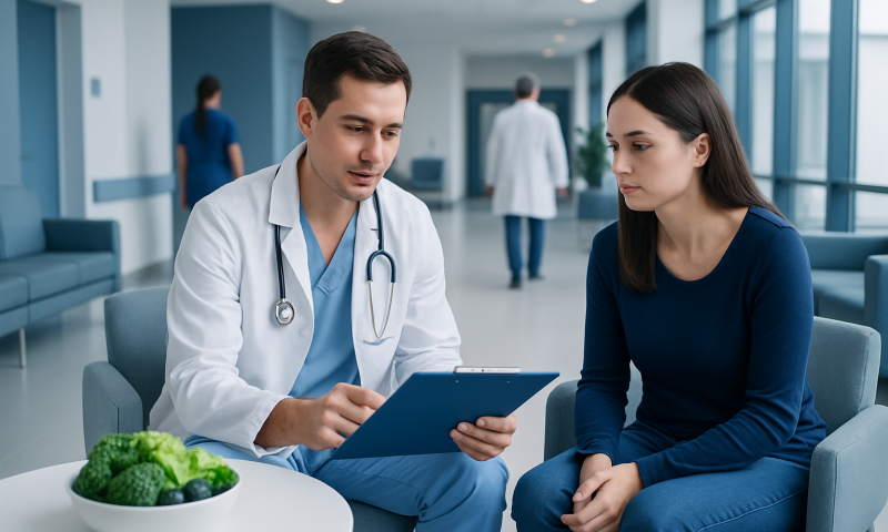 Doctor consulting with a patient in a hospital corridor.