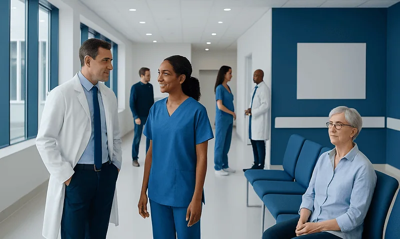 Medical professionals and patient in a modern hospital corridor.