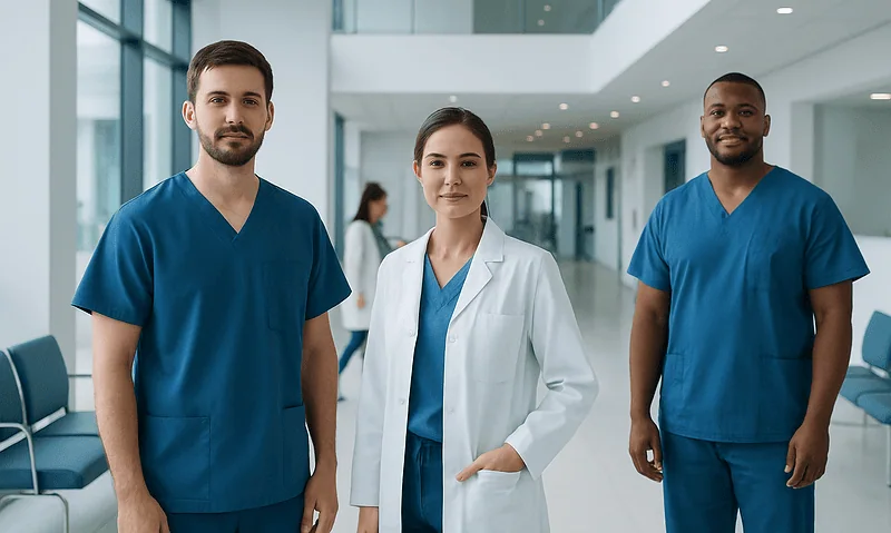 Residency Med: What Patients Need to Know 4 Healthcare professionals in hospital corridor wearing scrubs and white coat.