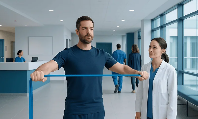 Man performing resistance band back exercise in a medical facility.