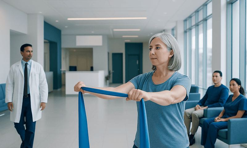 Woman using resistance band in a medical facility for therapy or exercise.