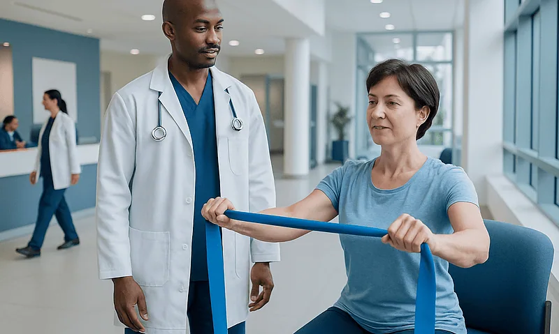 Physical therapy session with resistance bands at Acibadem Hospital.