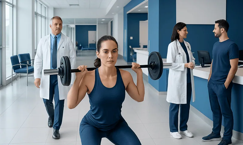 Woman performing resistance training in a hospital setting with medical staff nearby.