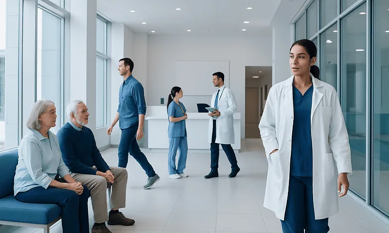 Healthcare professionals and elderly patients in a modern hospital corridor.