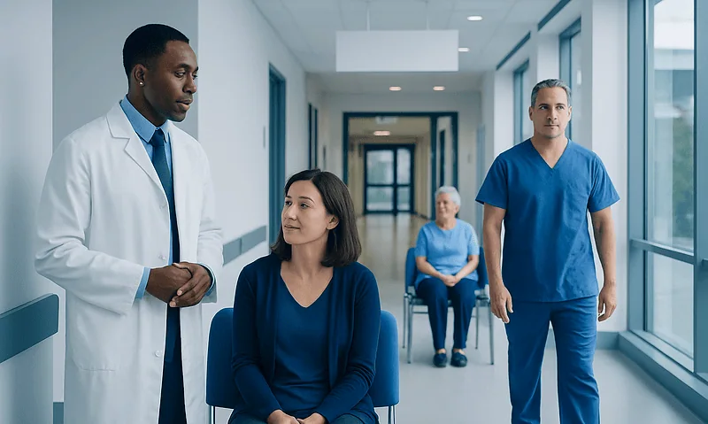 Medical team consulting with patient in hospital corridor.