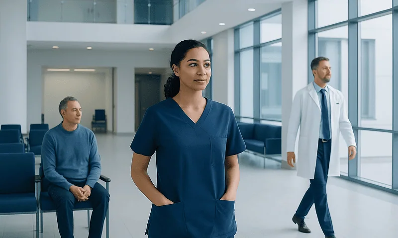 Healthcare professionals in a modern hospital lobby with large windows.