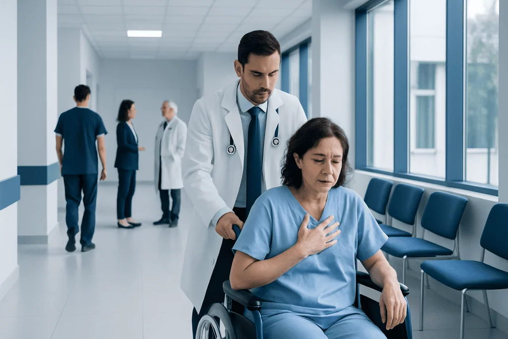 Respiratory Acidosis: Early Signs, Risk Factors, and How It Is Treated 1 Doctor assisting a patient with respiratory issues in hospital corridor.