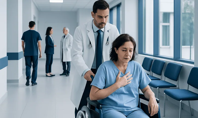 Doctor assisting a patient with respiratory issues in hospital corridor.