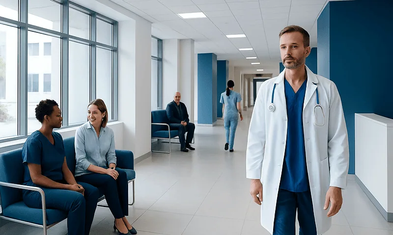 Healthcare professionals and doctor in a modern hospital corridor.