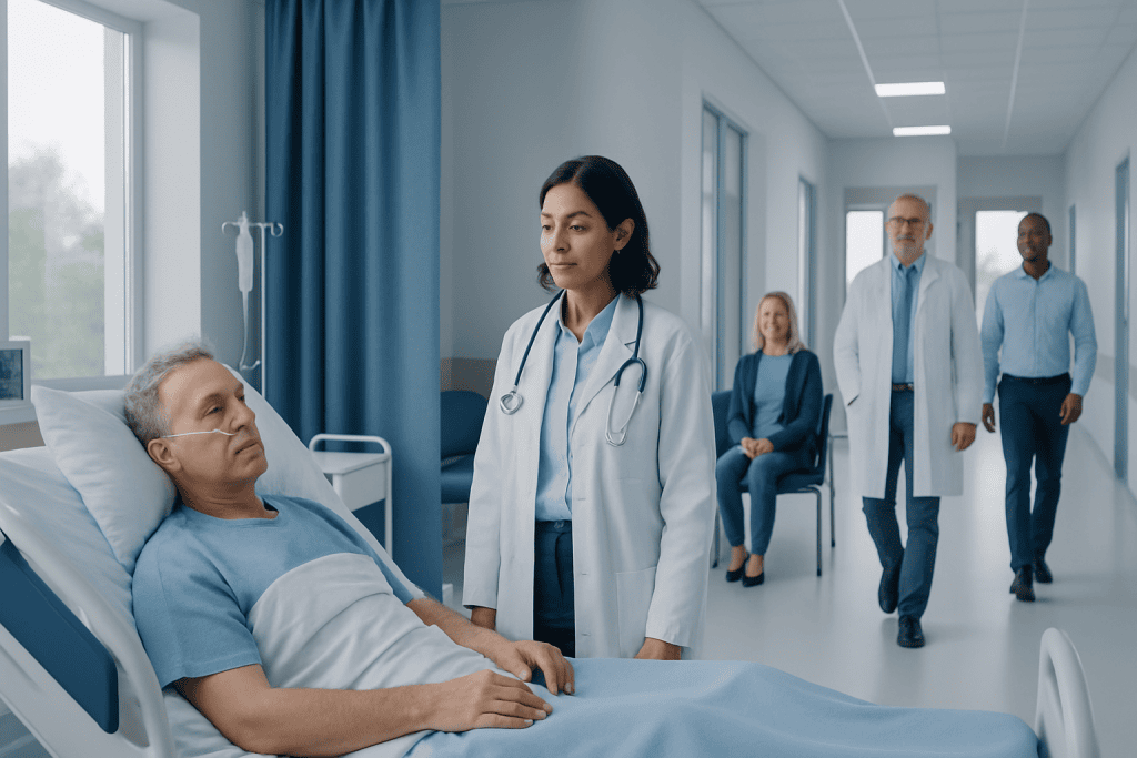 Respiratory Failure: An Evidence-Based Guide for Patients 1 Doctor consulting a patient in a hospital room with medical staff nearby.