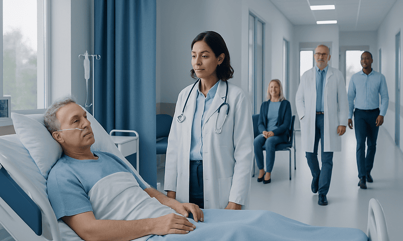 Doctor consulting a patient in a hospital room with medical staff nearby.