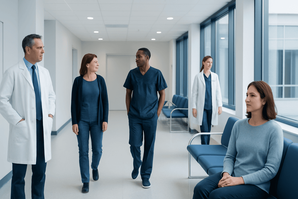 Respiratory: An Evidence-Based Guide for Patients 1 Medical team consulting in a hospital corridor with patient waiting area.