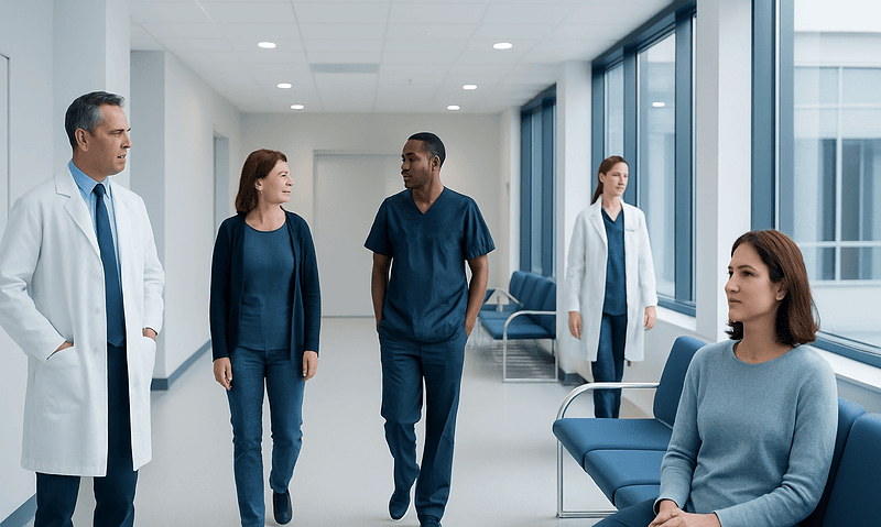 Medical team consulting in a hospital corridor with patient waiting area.