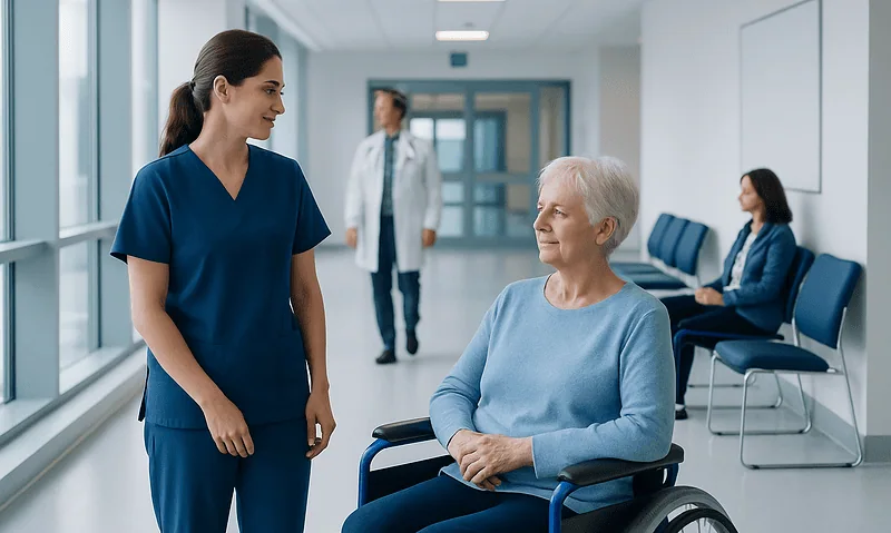 Nurse talking to elderly patient in hospital corridor.