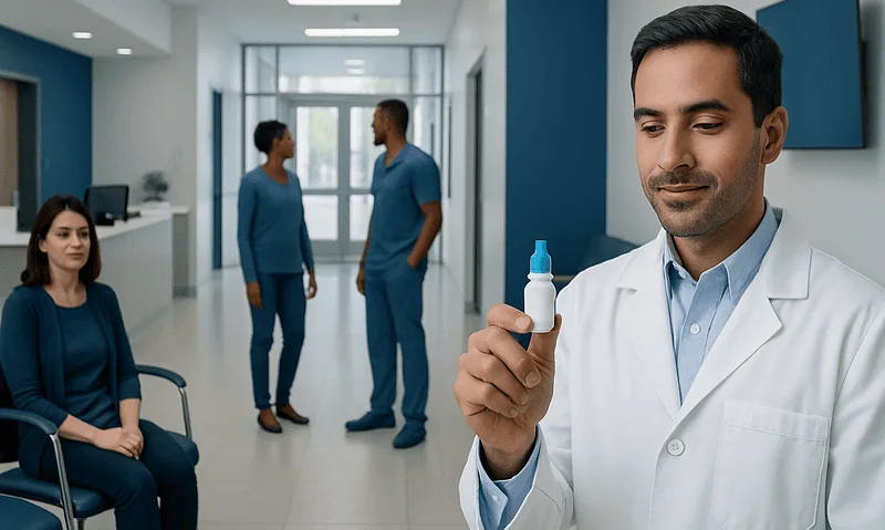 Doctor holding eye drop bottle in hospital corridor with patients and staff.