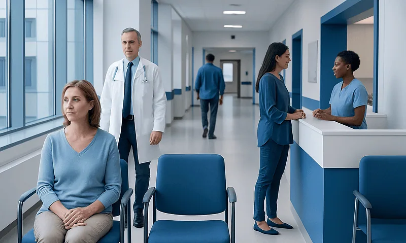 Hospital corridor with patients and medical staff at reception desk.
