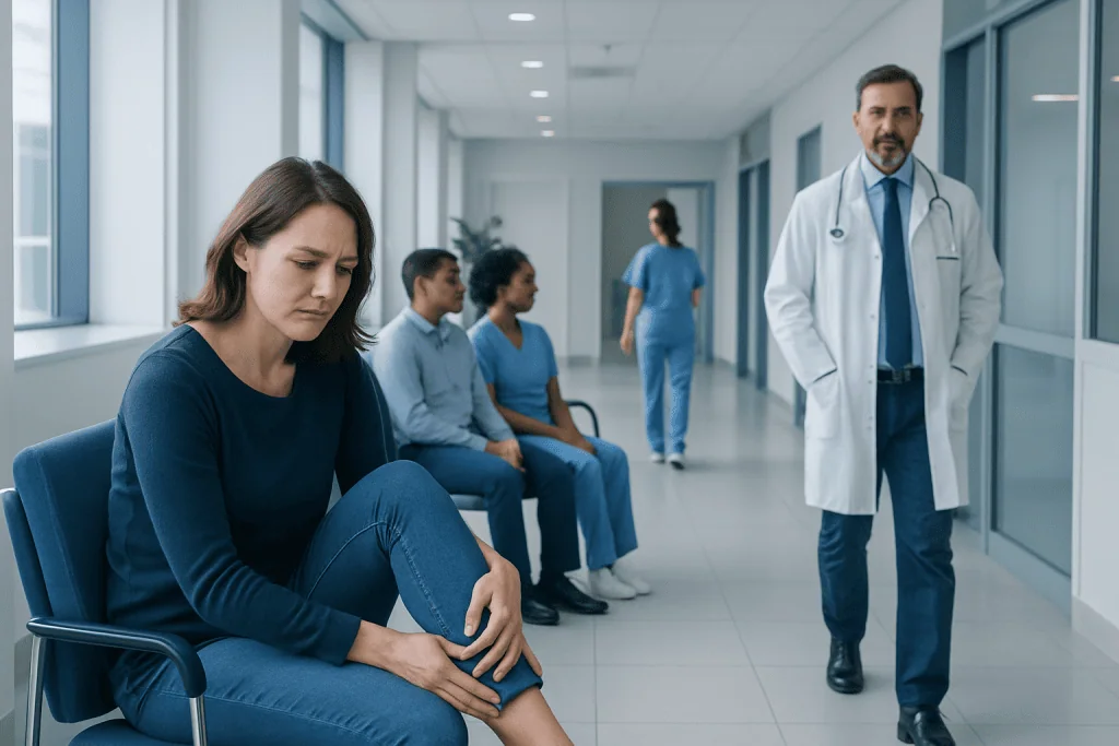 Understanding Restless Leg Syndrome: A Complete Patient Guide 1 Patient experiencing leg discomfort in a hospital waiting area.