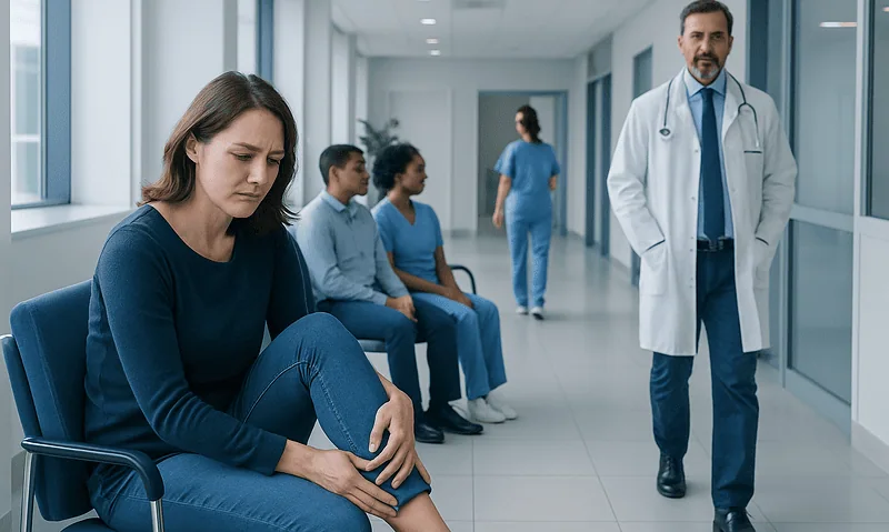 Patient experiencing leg discomfort in a hospital waiting area.
