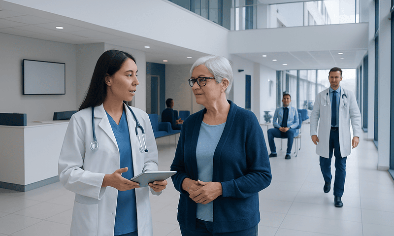 Medical professionals consulting with a senior patient in a modern hospital lobby.